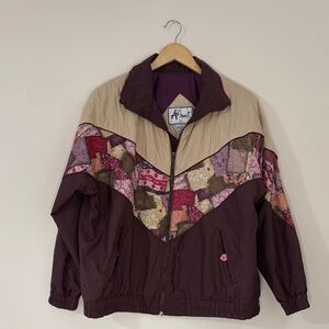 Vintage 90s Patchwork Ski Jacket Zip Up Padded Shoulders Apres Lodge Retro L